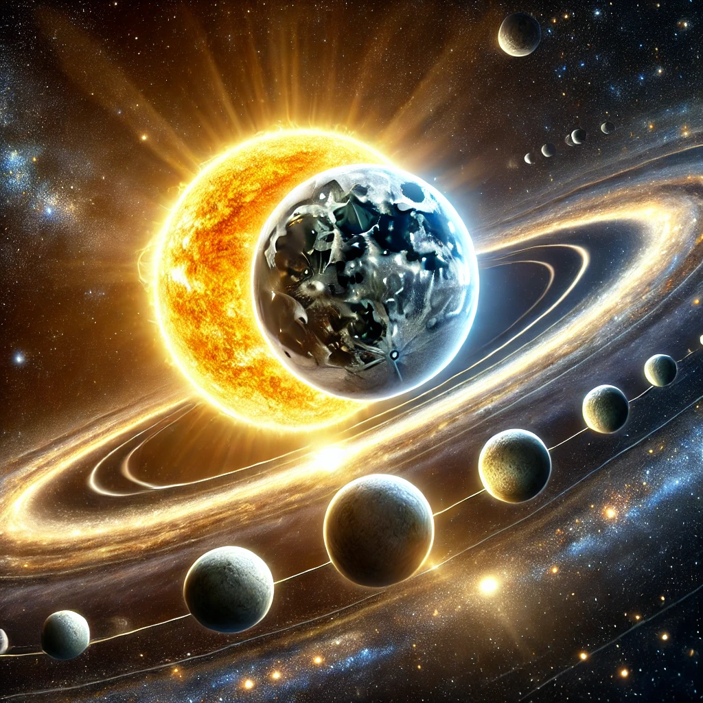 DALL·E 2024-08-27 14.52.49 – A majestic cosmic scene illustrating the universe’s order with the sun and the moon each in their separate orbits. The sun is positioned in the upper