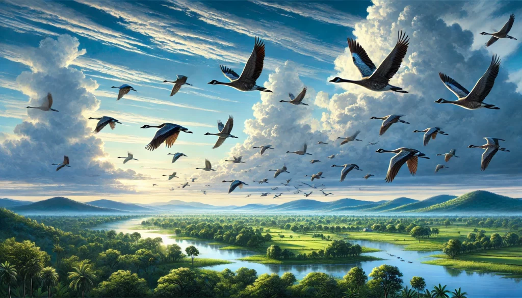 DALL·E 2024-12-19 21.48.39 – A picturesque illustration of migratory birds flying across a vast blue sky. The scene showcases a formation of birds in a V-shape, soaring over a ser