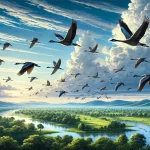 DALL·E 2024-12-19 21.48.39 – A picturesque illustration of migratory birds flying across a vast blue sky. The scene showcases a formation of birds in a V-shape, soaring over a ser